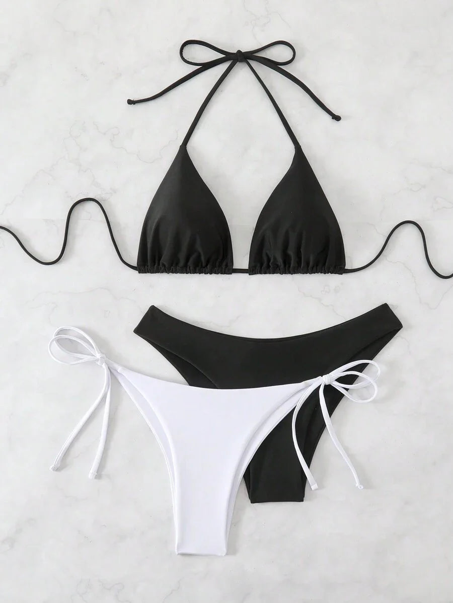 3 Parça Halter Üst + Üçgen Alt + Bağcıklı Şort Bikini Takımı Niebbla