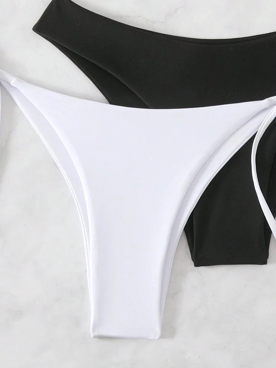 3 Parça Halter Üst + Üçgen Alt + Bağcıklı Şort Bikini Takımı Niebbla