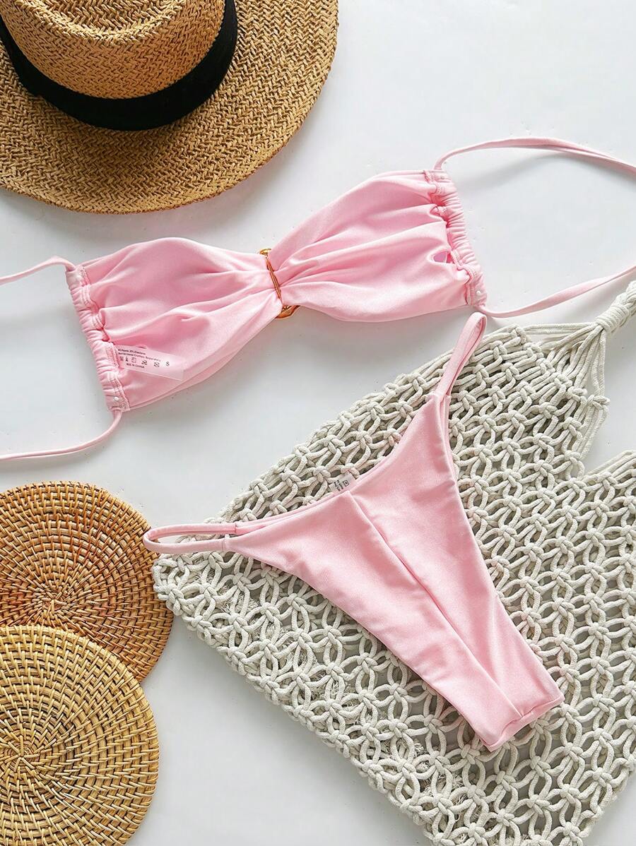 Pembe Straplez Bağcıklı Metal Detaylı Bikini Takımı Niebbla