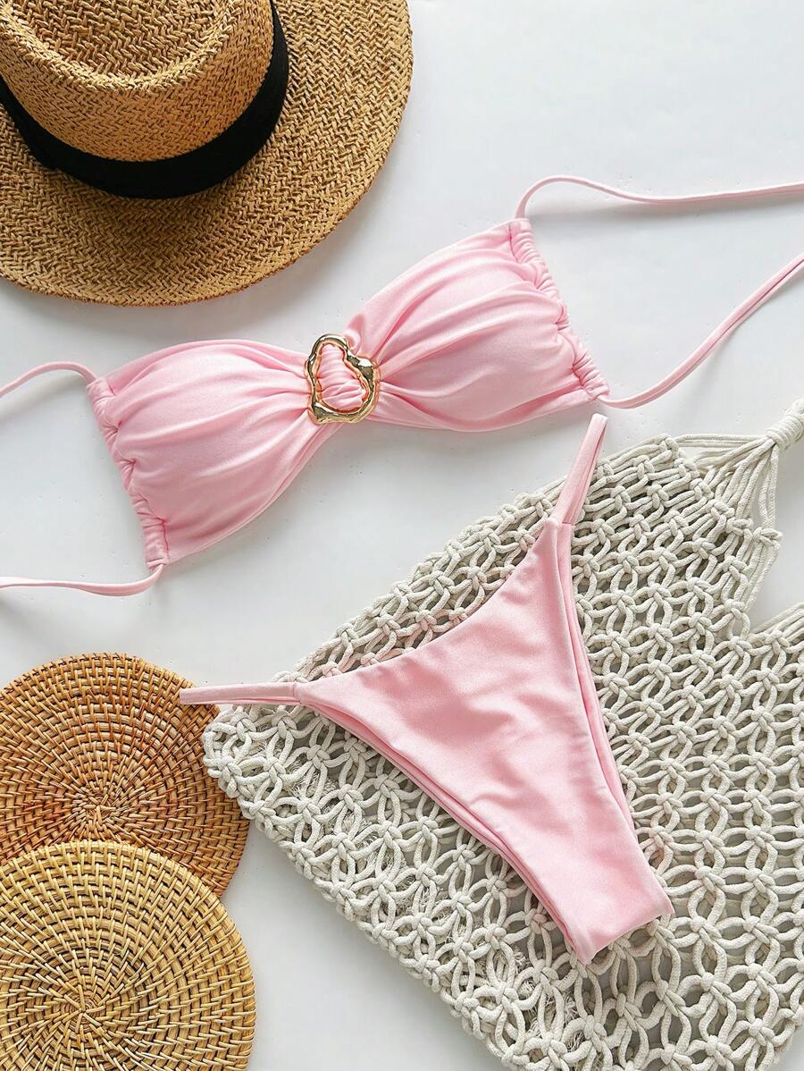 Pembe Straplez Bağcıklı Metal Detaylı Bikini Takımı Niebbla