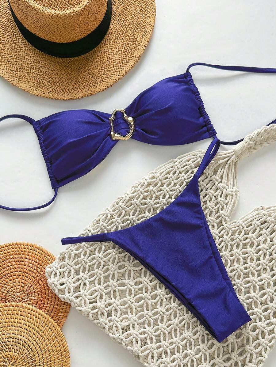 Pembe Straplez Bağcıklı Metal Detaylı Bikini Takımı Niebbla