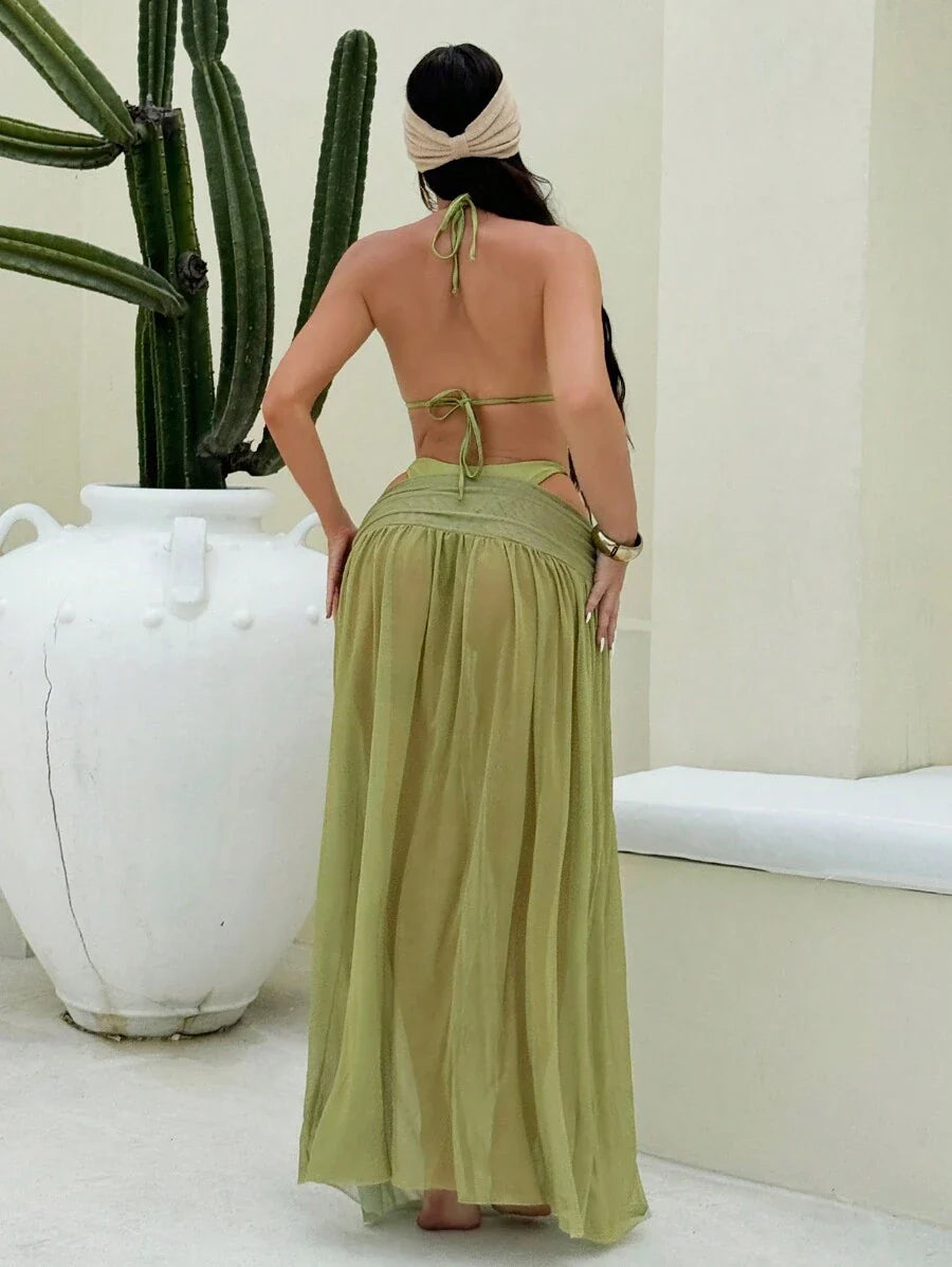 Parlak Kumaş Boyundan Bağlamalı Bikini, Asimetrik Halka Detaylı Uzun File Plaj Elbisesi Niebbla