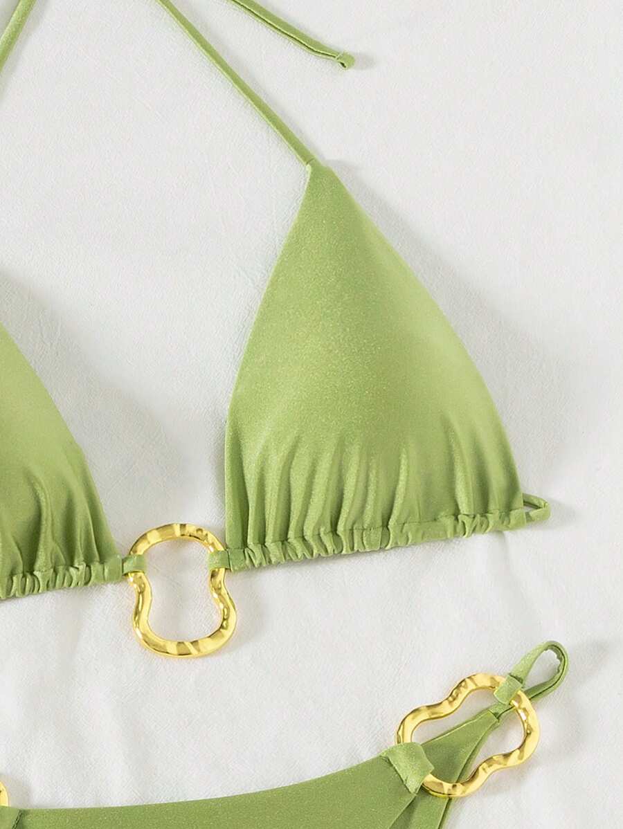 Parlak Kumaş Boyundan Bağlamalı Bikini, Asimetrik Halka Detaylı Uzun File Plaj Elbisesi Niebbla