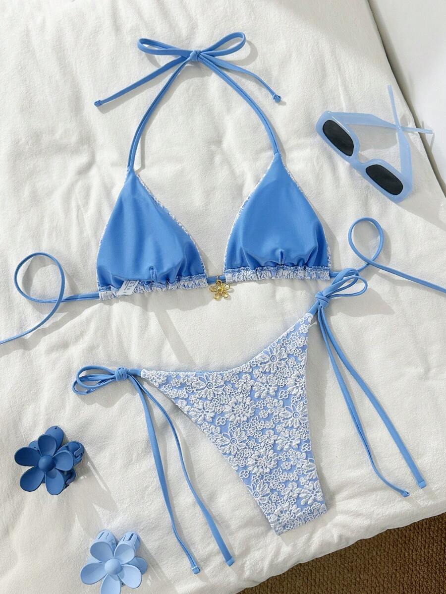 Altın Çiçek Desenli Üçgen Bikini Takımı Niebbla