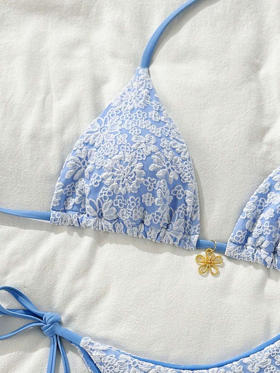 Altın Çiçek Desenli Üçgen Bikini Takımı Niebbla