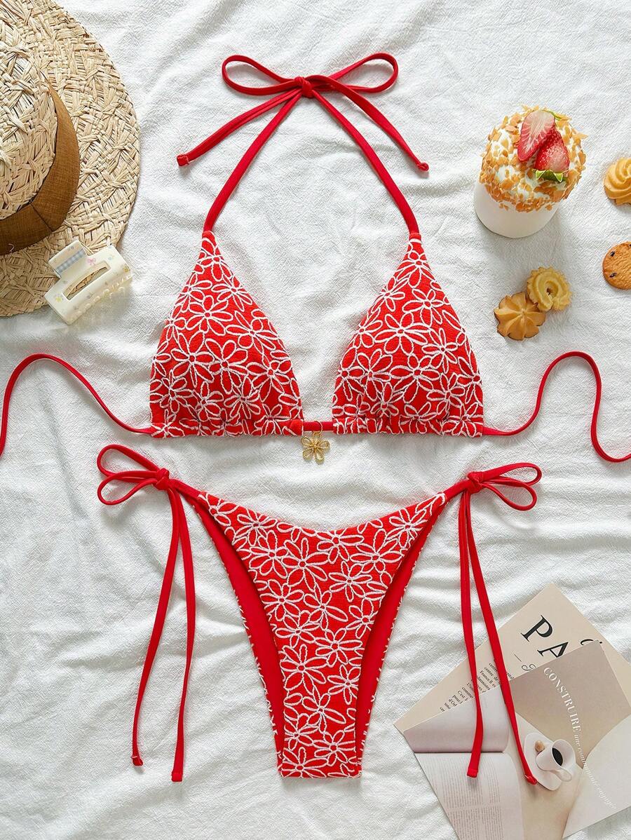 Çiçek Desenli Boyundan Bağlamalı Bikini Ve Bağcıklı Bikini Altı Takımı Niebbla