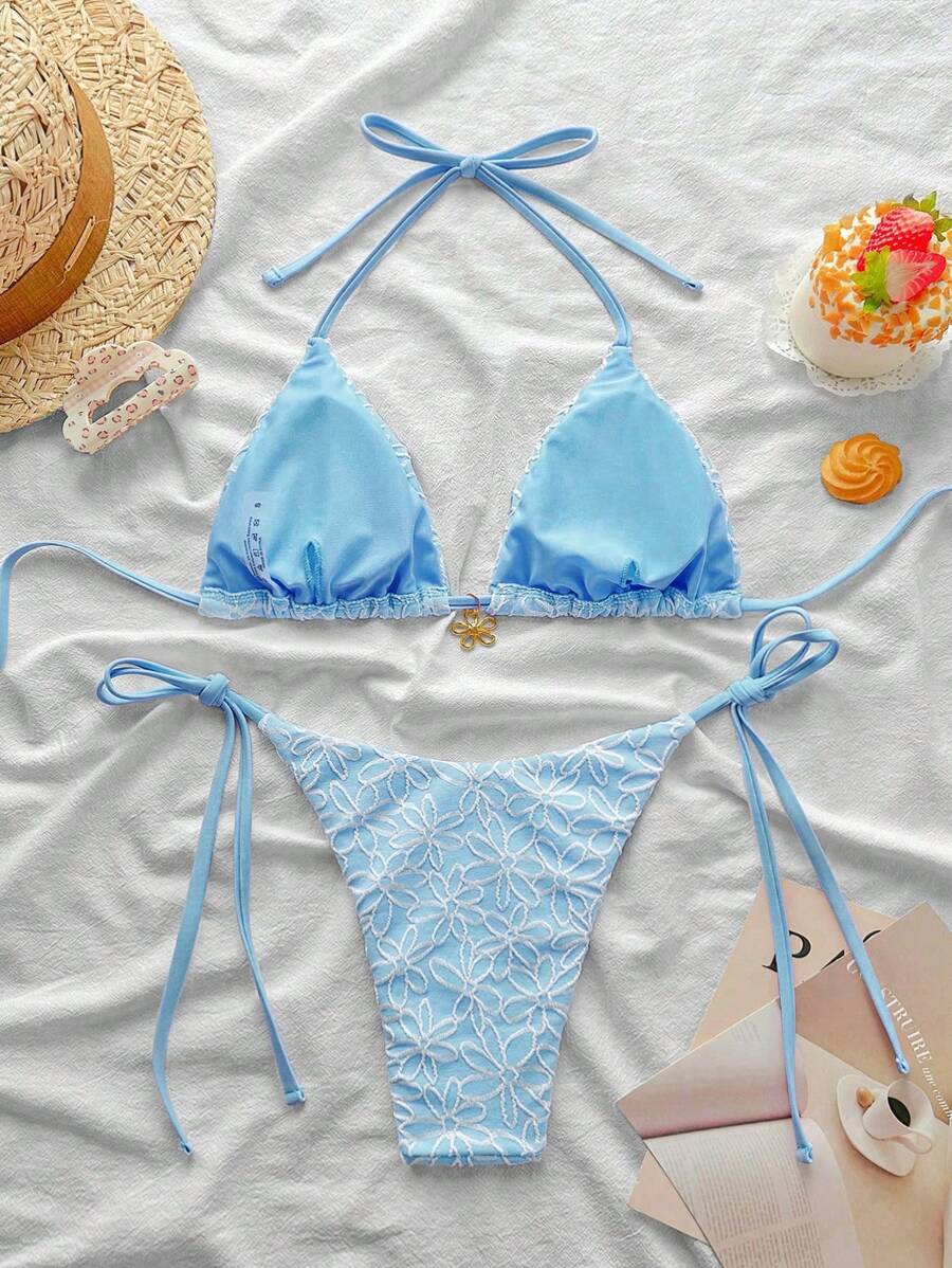 Çiçek Desenli Boyundan Bağlamalı Bikini Ve Bağcıklı Bikini Altı Takımı Niebbla