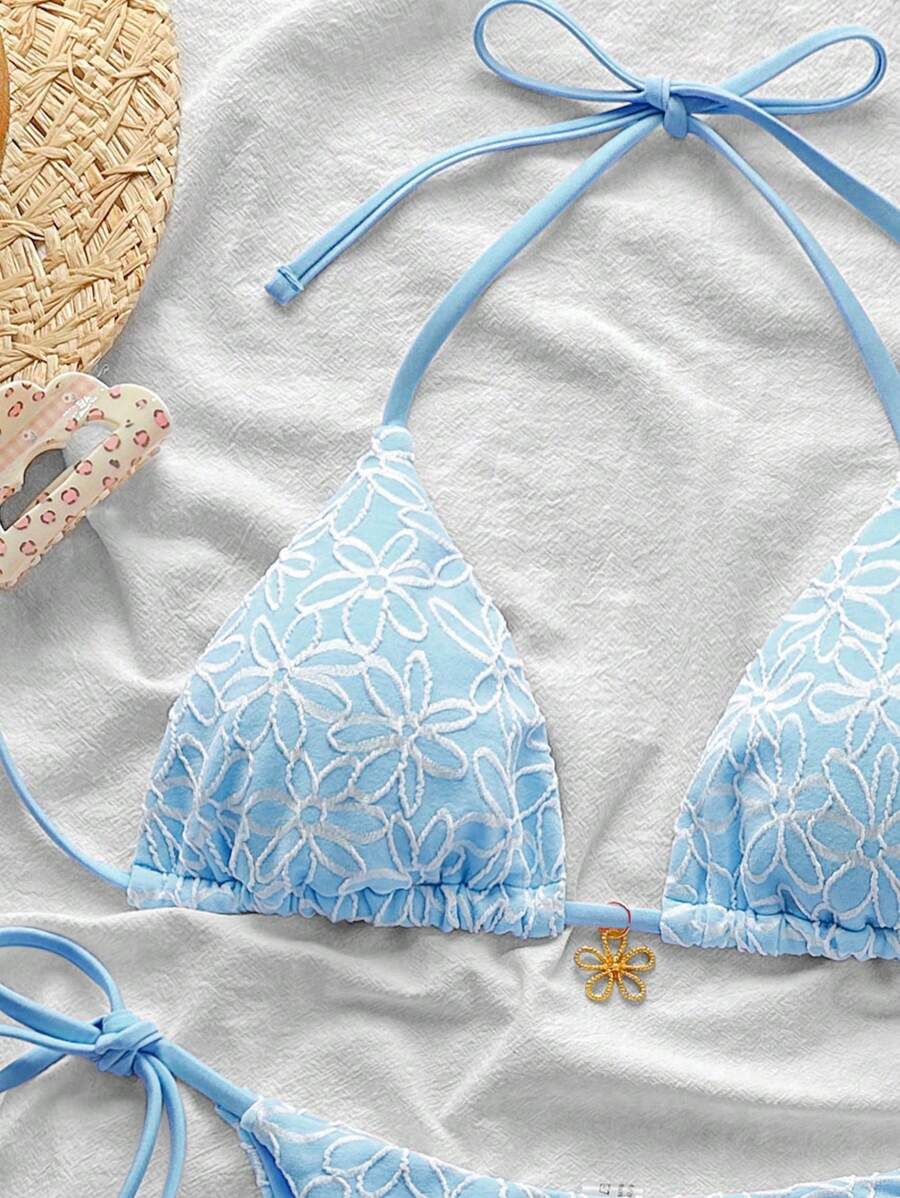 Çiçek Desenli Boyundan Bağlamalı Bikini Ve Bağcıklı Bikini Altı Takımı Niebbla