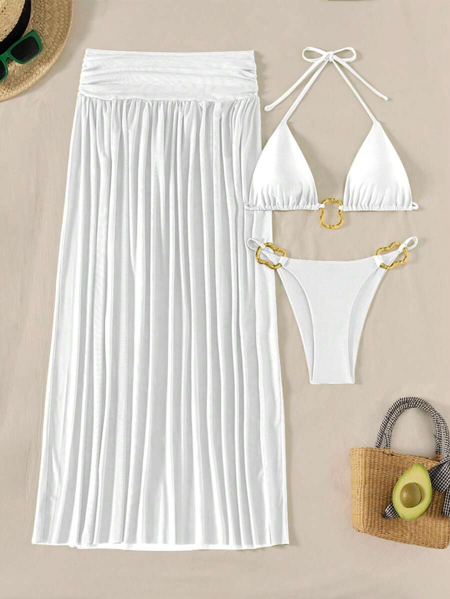 Parlak Kumaş Boyundan Bağlamalı Bikini, Asimetrik Halka Detaylı Uzun File Plaj Elbisesi Niebbla