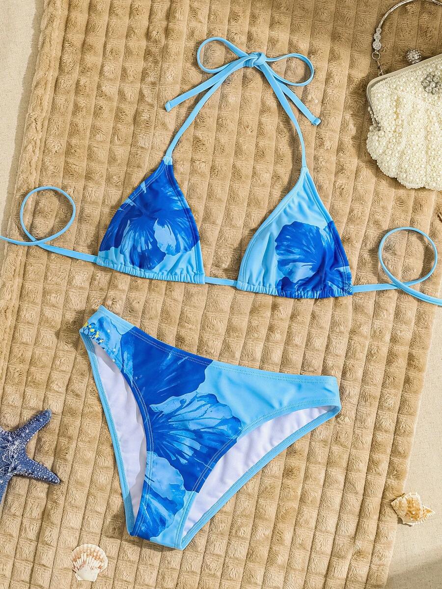 Çiçek Desenli Halter Bağcıklı Bikini Takımı Niebbla
