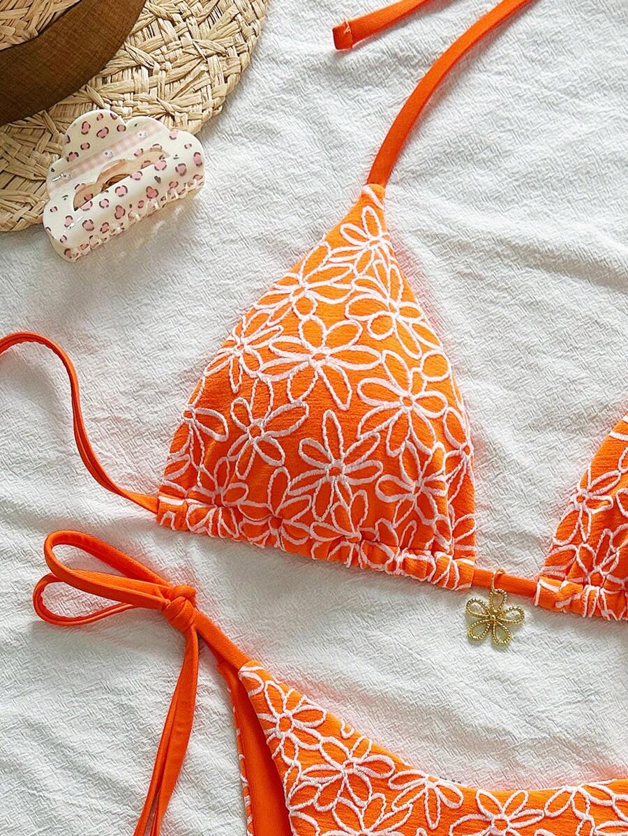 Çiçek Desenli Boyundan Bağlamalı Bikini Ve Bağcıklı Bikini Altı Takımı Niebbla