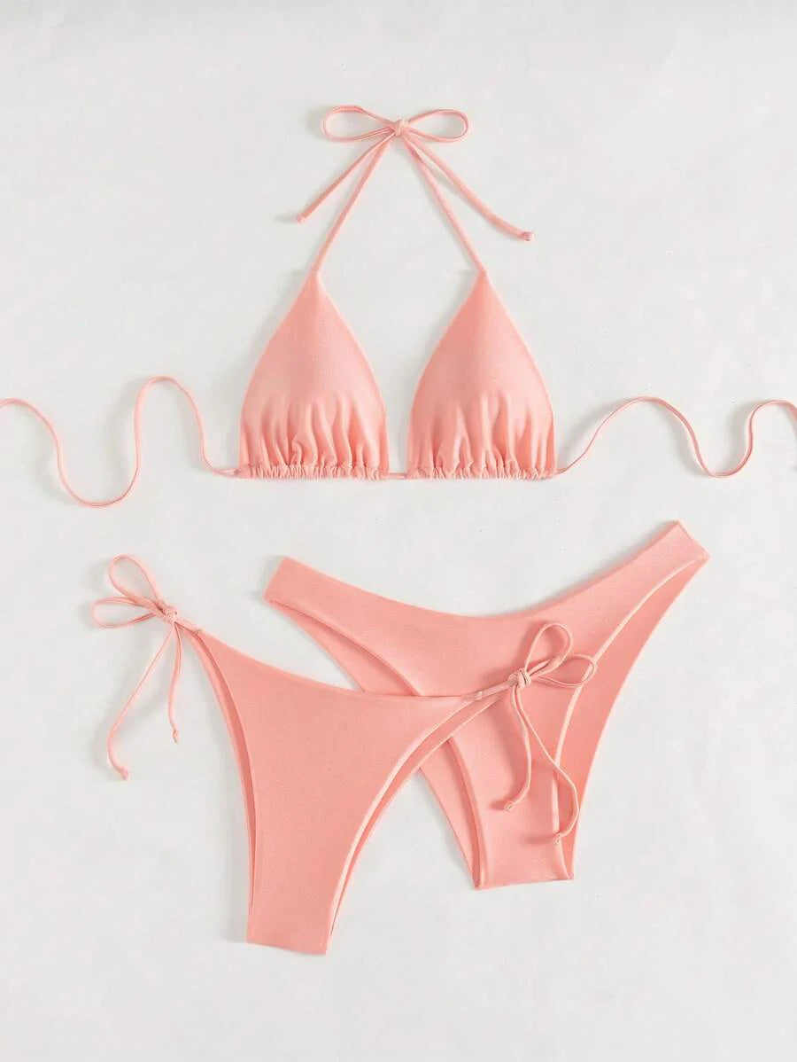 3 Parça Halter Üst + Üçgen Alt + Bağcıklı Şort Bikini Takımı Niebbla