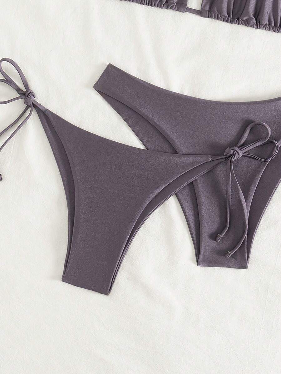 3 Parça Halter Üst + Üçgen Alt + Bağcıklı Şort Bikini Takımı Niebbla