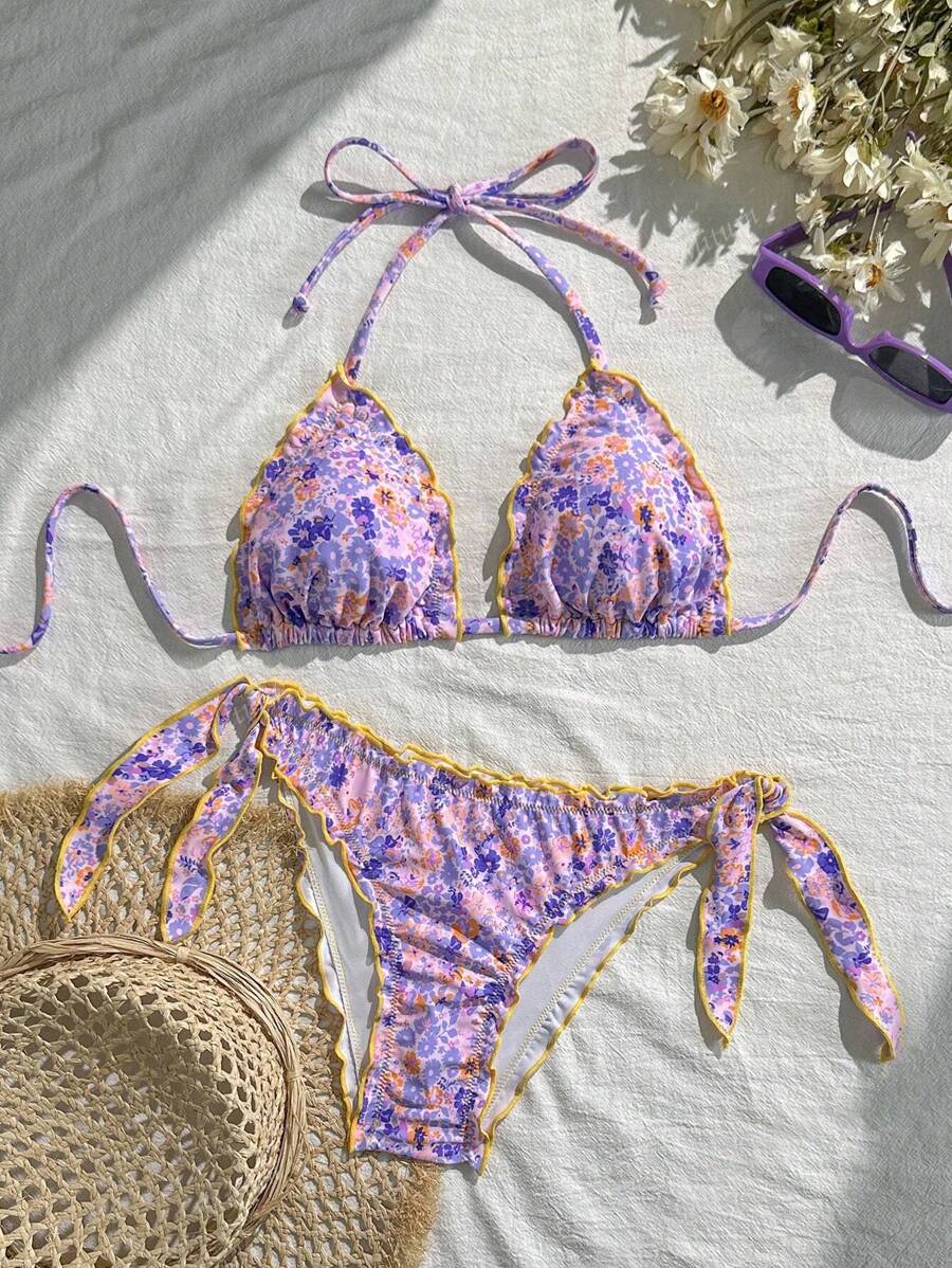 Çiçekli Dantel Pileli Bikini Takımı Niebbla