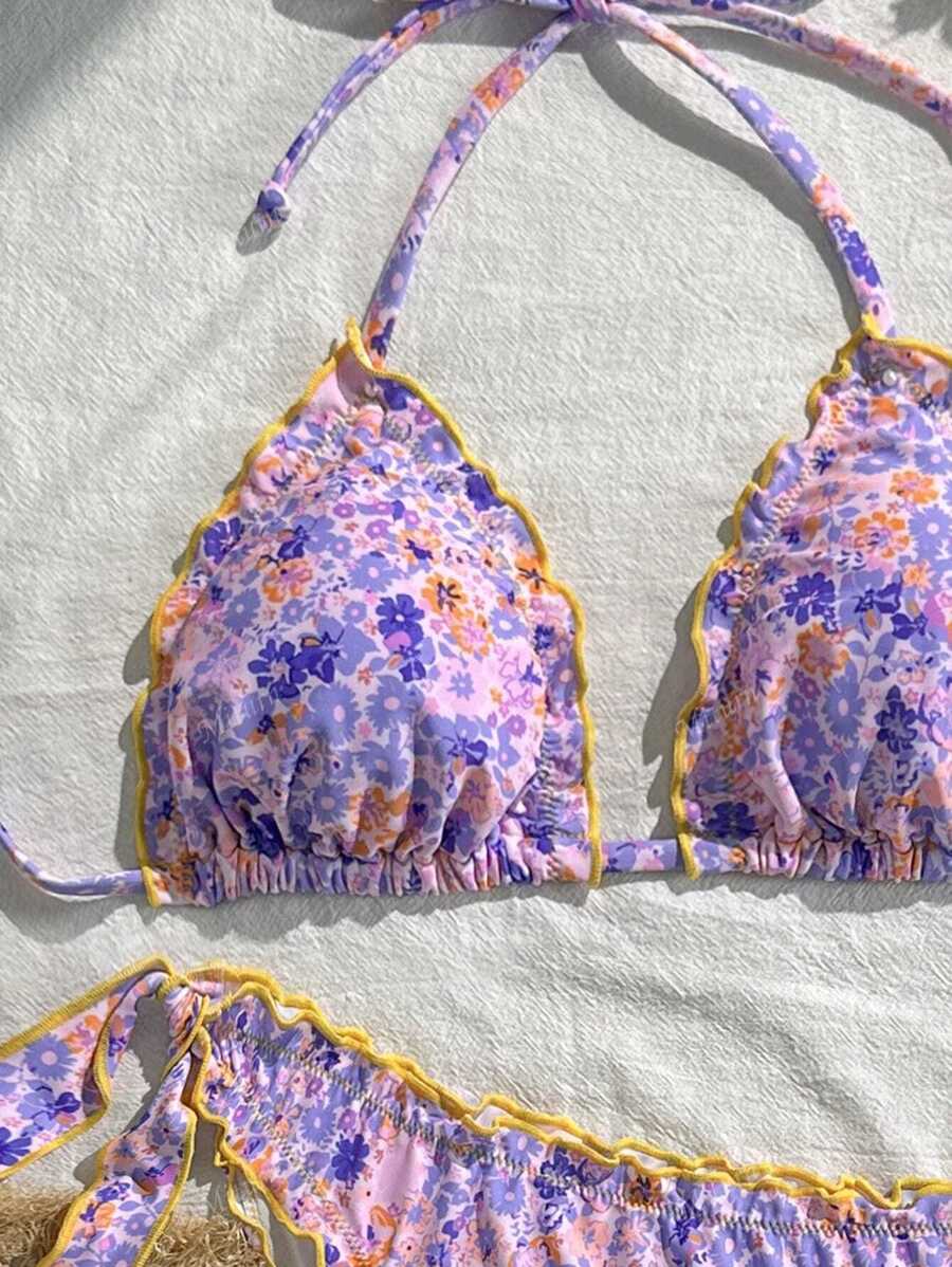 Çiçekli Dantel Pileli Bikini Takımı Niebbla