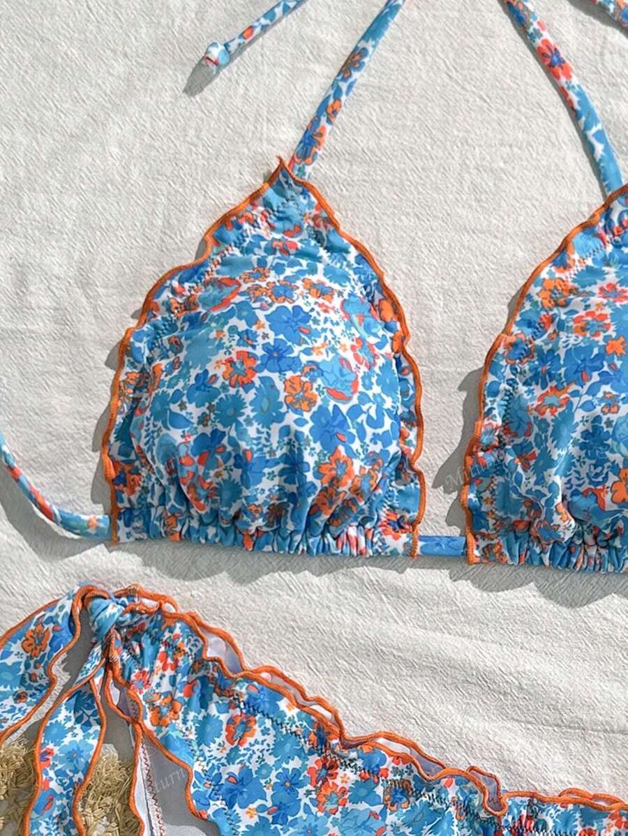 Çiçekli Dantel Pileli Bikini Takımı Niebbla