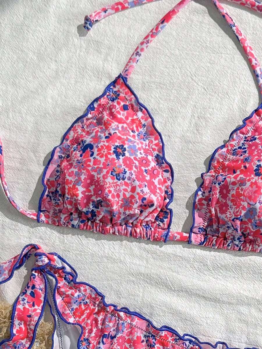 Çiçekli Dantel Pileli Bikini Takımı Niebbla