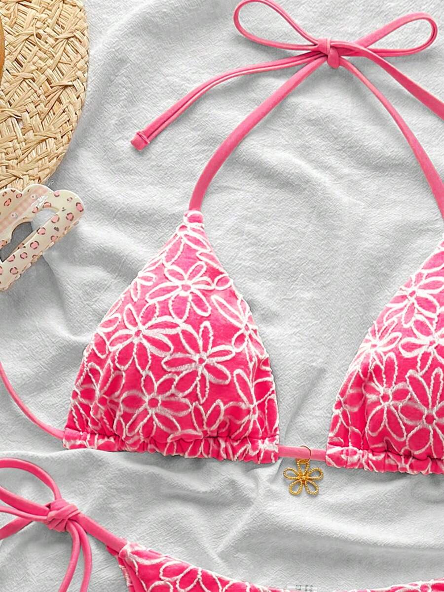 Çiçek Desenli Boyundan Bağlamalı Bikini Ve Bağcıklı Bikini Altı Takımı Niebbla