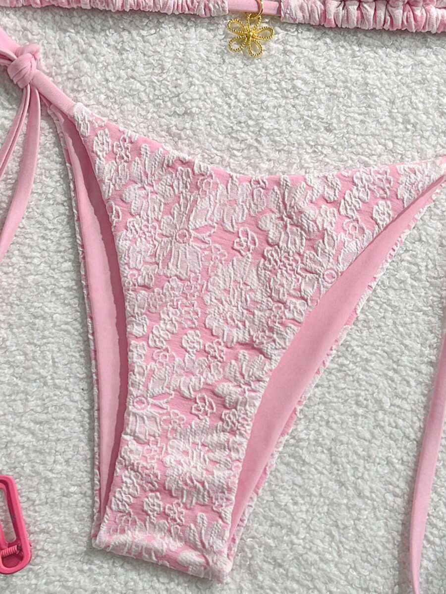 Çiçek Desenli Boyundan Bağlamalı Bikini Ve Bağcıklı Bikini Altı Takımı Niebbla