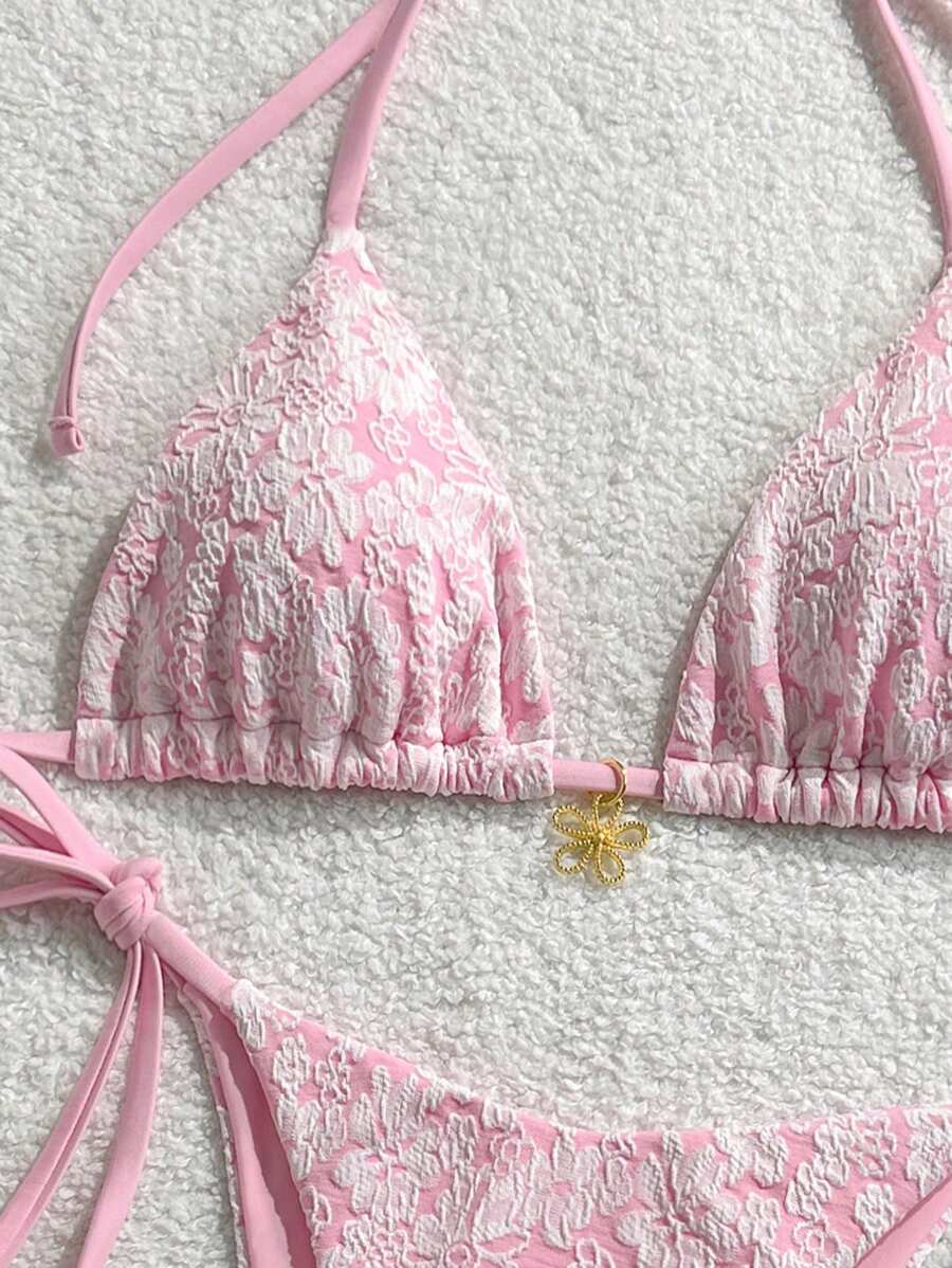 Çiçek Desenli Boyundan Bağlamalı Bikini Ve Bağcıklı Bikini Altı Takımı Niebbla