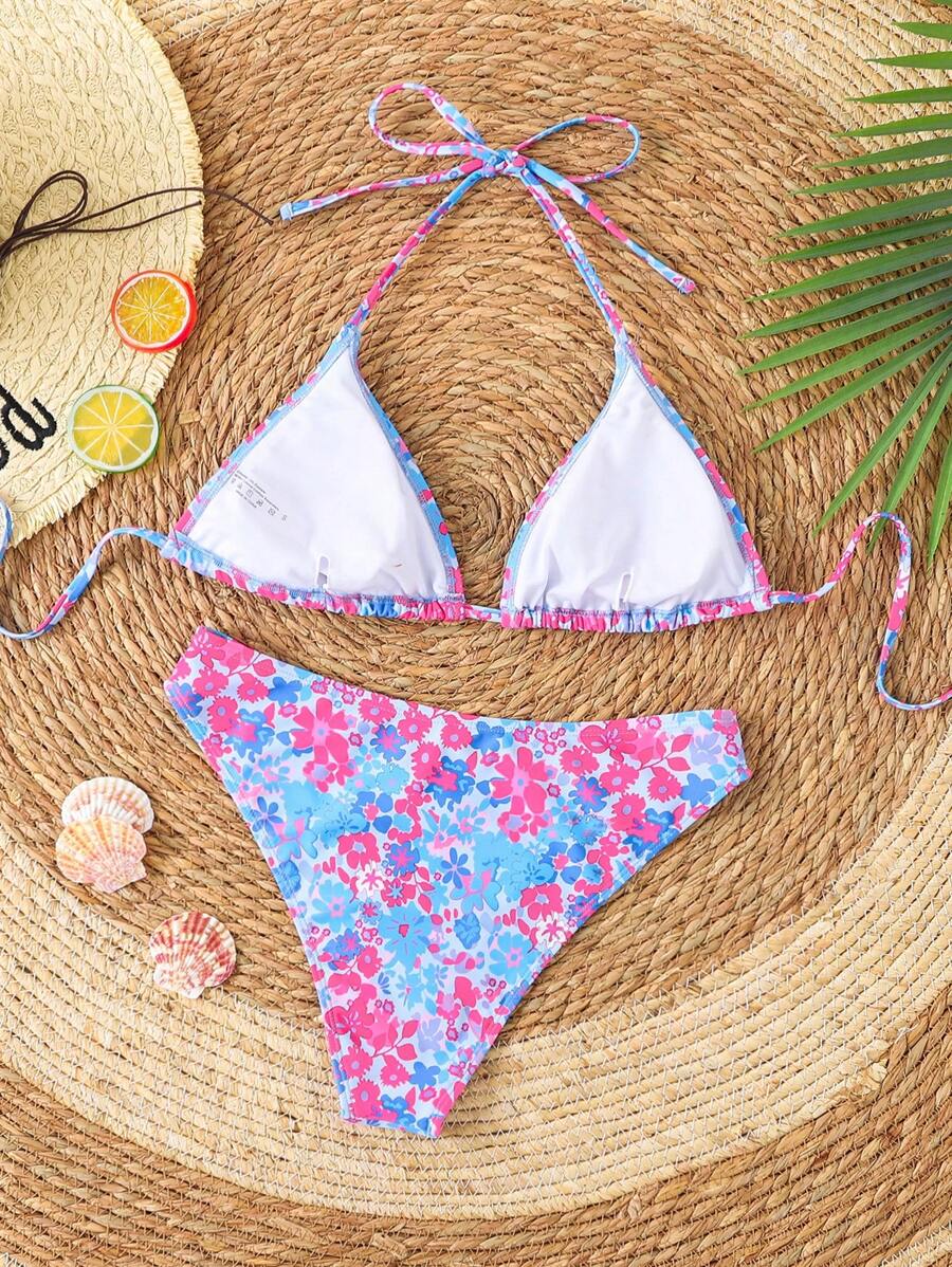 Çiçek Desenli Halter Bağcıklı Bikini Takımı Niebbla