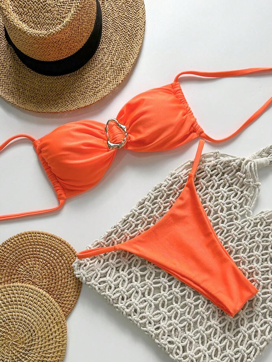 Pembe Straplez Bağcıklı Metal Detaylı Bikini Takımı Niebbla