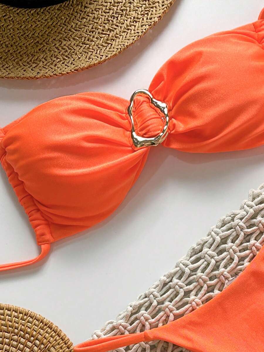 Pembe Straplez Bağcıklı Metal Detaylı Bikini Takımı Niebbla