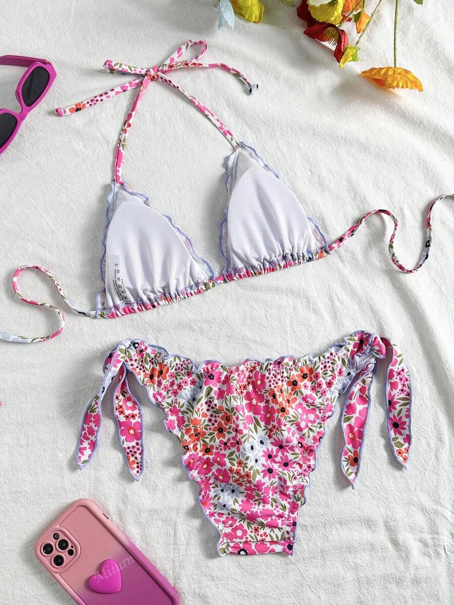 Çiçekli Dantel Pileli Bikini Takımı Niebbla