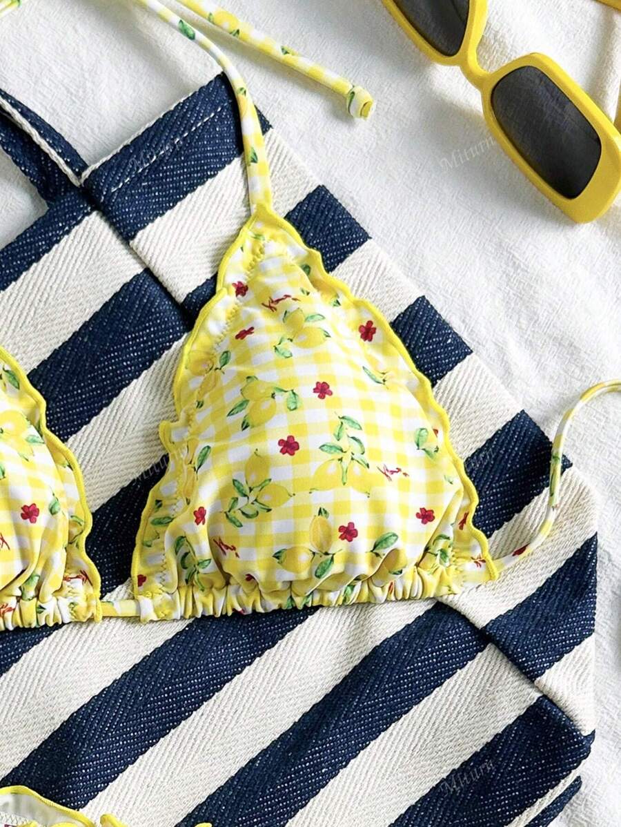 Çiçekli Dantel Pileli Bikini Takımı Niebbla