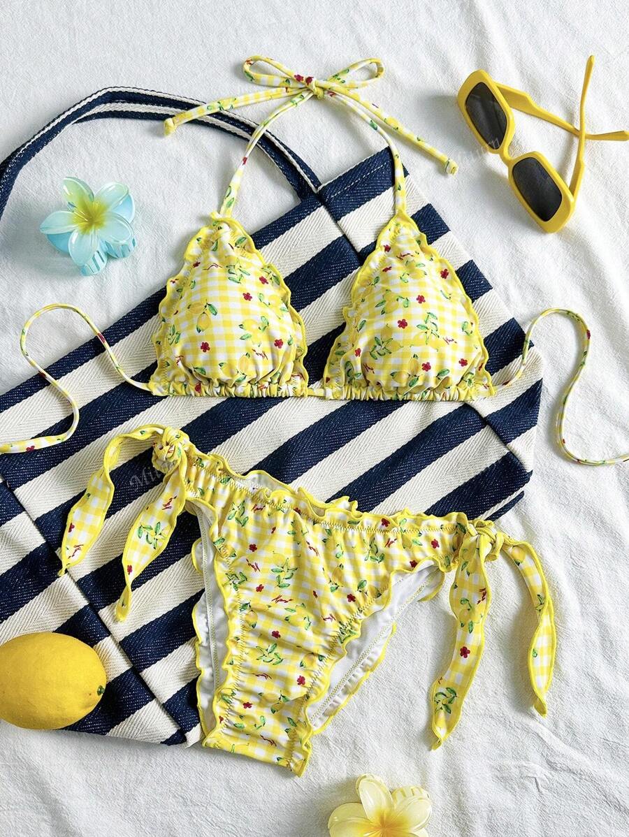 Çiçekli Dantel Pileli Bikini Takımı Niebbla