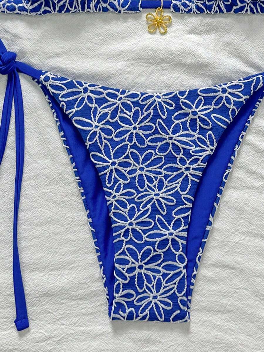 Çiçek Desenli Boyundan Bağlamalı Bikini Ve Bağcıklı Bikini Altı Takımı Niebbla