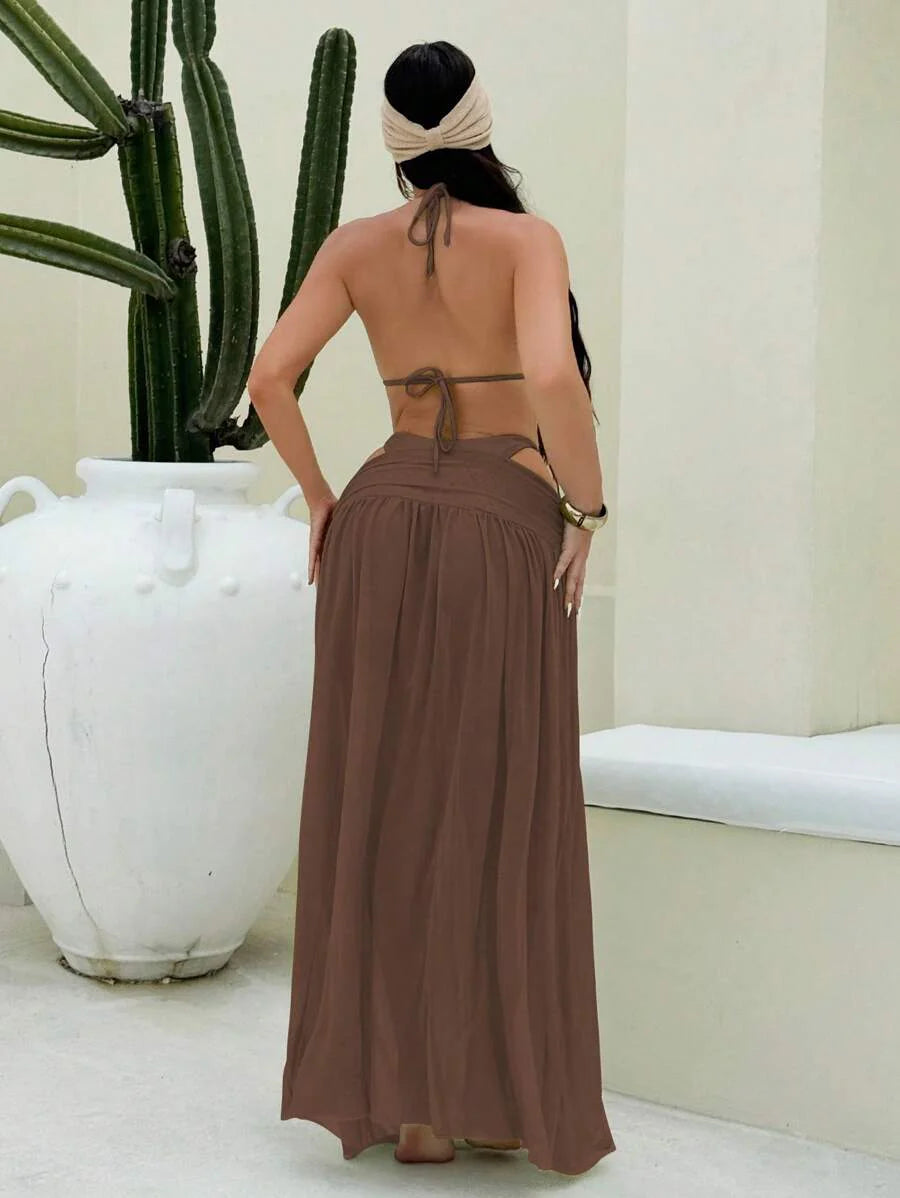 Parlak Kumaş Boyundan Bağlamalı Bikini, Asimetrik Halka Detaylı Uzun File Plaj Elbisesi Niebbla