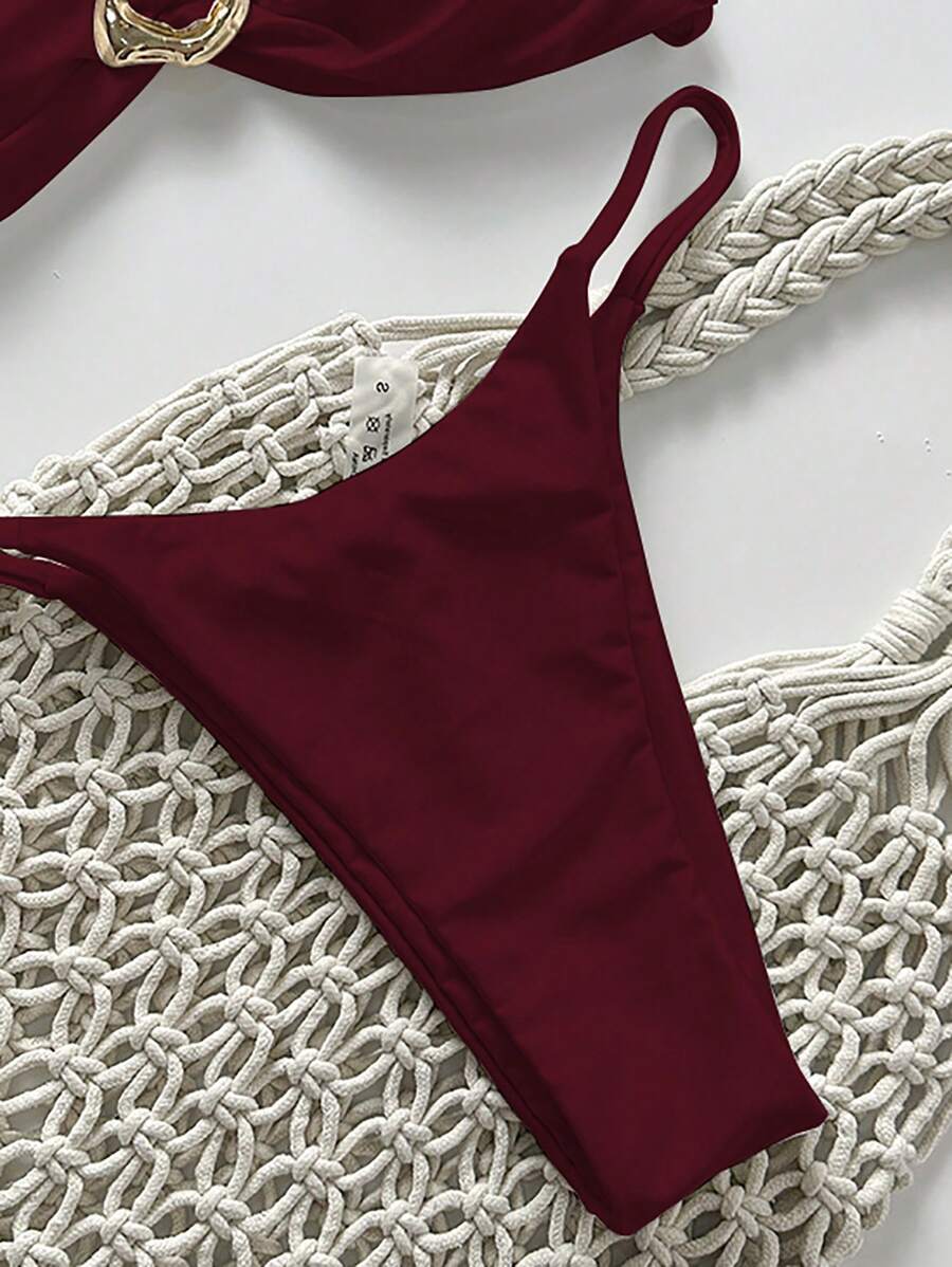 Pembe Straplez Bağcıklı Metal Detaylı Bikini Takımı Niebbla