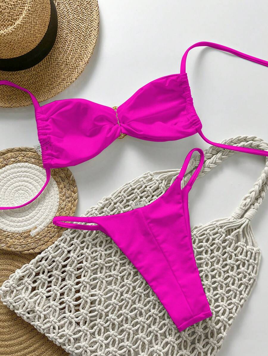 Pembe Straplez Bağcıklı Metal Detaylı Bikini Takımı Niebbla