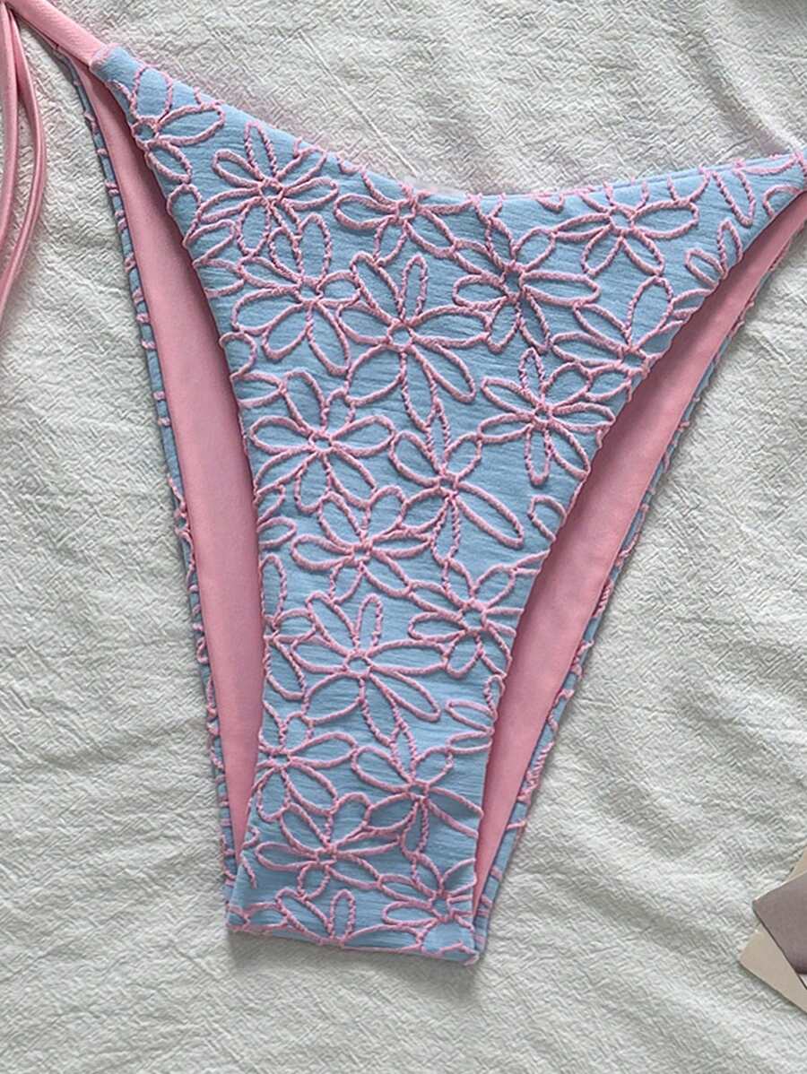 Çiçek Desenli Boyundan Bağlamalı Bikini Ve Bağcıklı Bikini Altı Takımı Niebbla