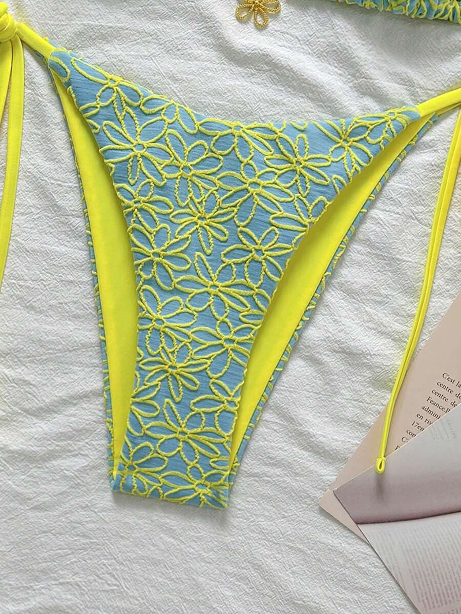 Çiçek Desenli Boyundan Bağlamalı Bikini Ve Bağcıklı Bikini Altı Takımı Niebbla