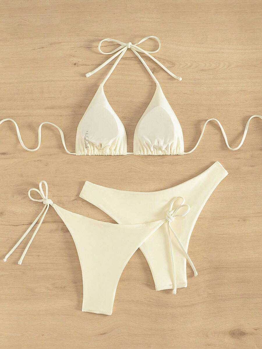 3 Parça Halter Üst + Üçgen Alt + Bağcıklı Şort Bikini Takımı Niebbla