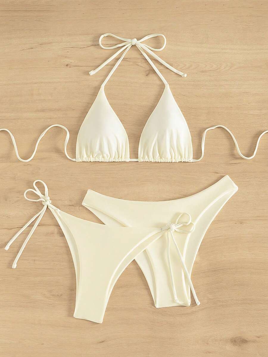 3 Parça Halter Üst + Üçgen Alt + Bağcıklı Şort Bikini Takımı Niebbla