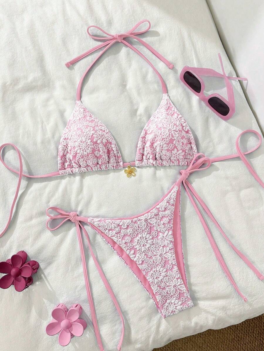 Altın Çiçek Desenli Üçgen Bikini Takımı Niebbla