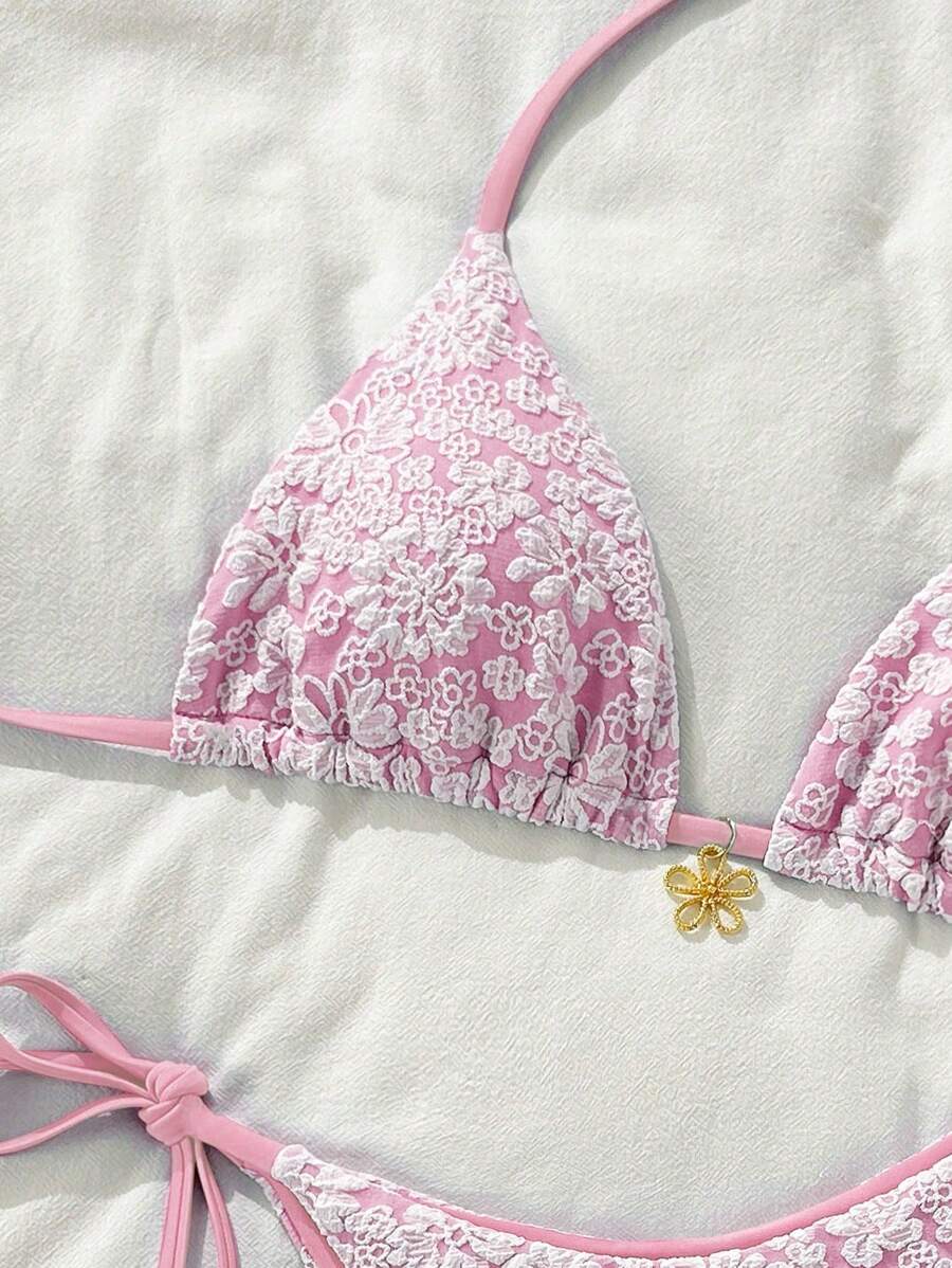 Altın Çiçek Desenli Üçgen Bikini Takımı Niebbla