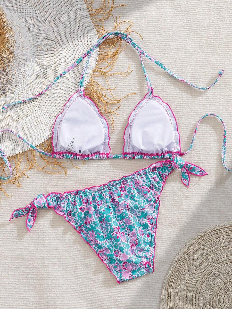 Çiçekli Dantel Pileli Bikini Takımı Niebbla
