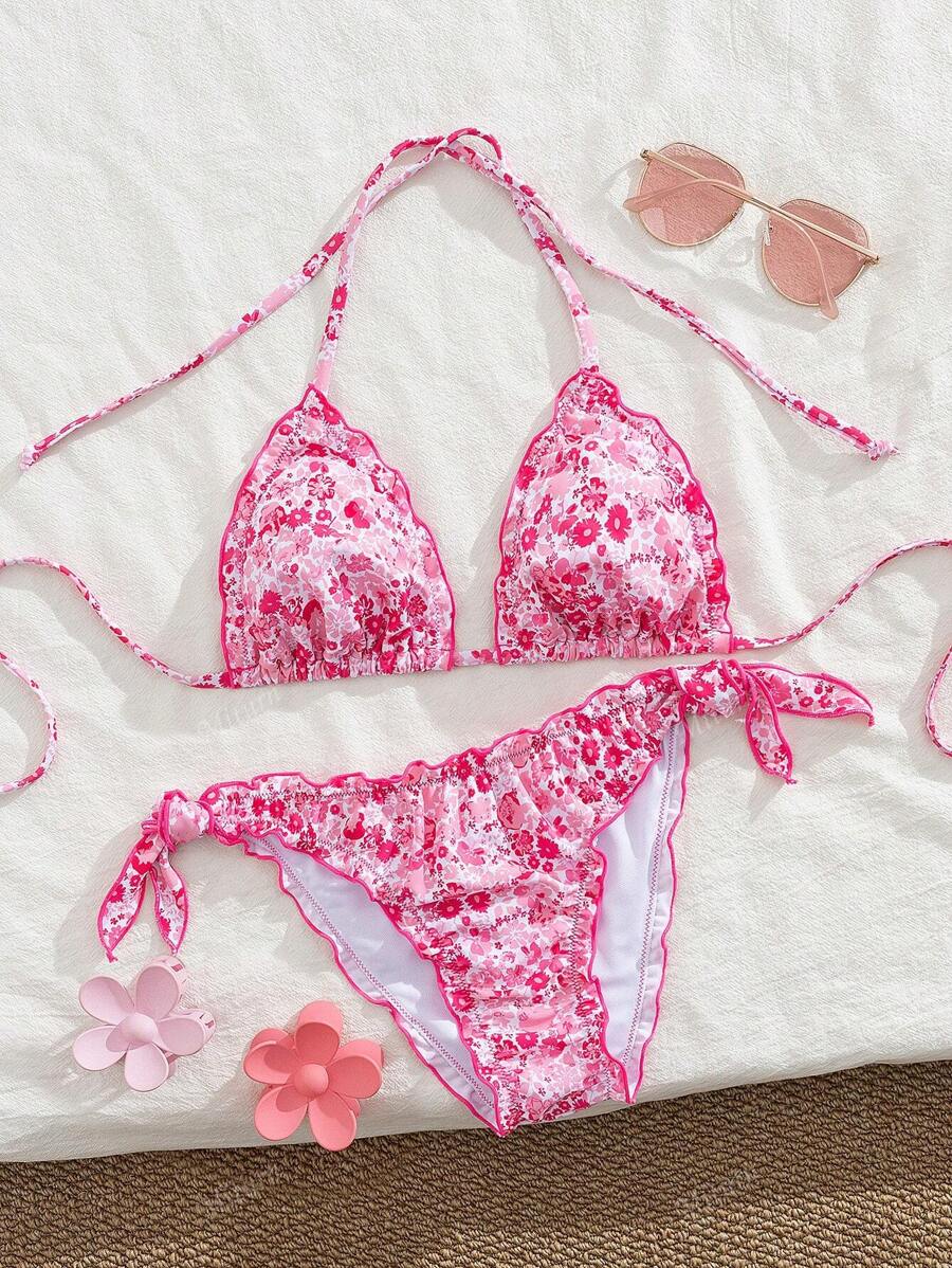 Çiçekli Dantel Pileli Bikini Takımı Niebbla