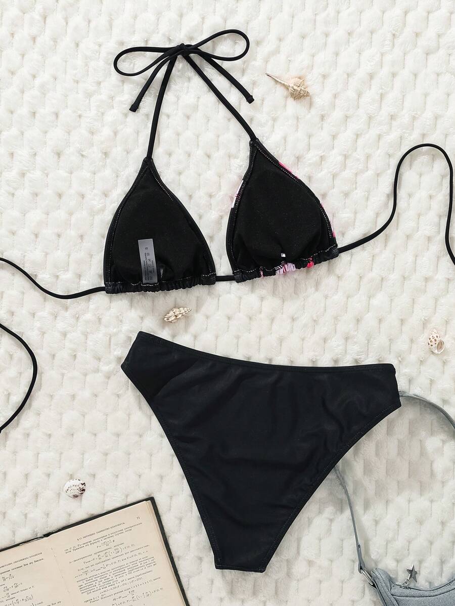 Çiçek Desenli Halter Bağcıklı Bikini Takımı Niebbla