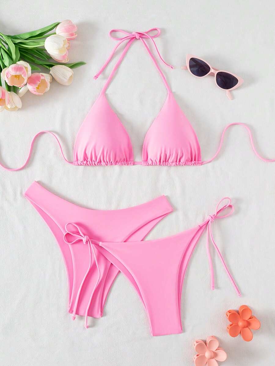 3 Parça Halter Üst + Üçgen Alt + Bağcıklı Şort Bikini Takımı Niebbla