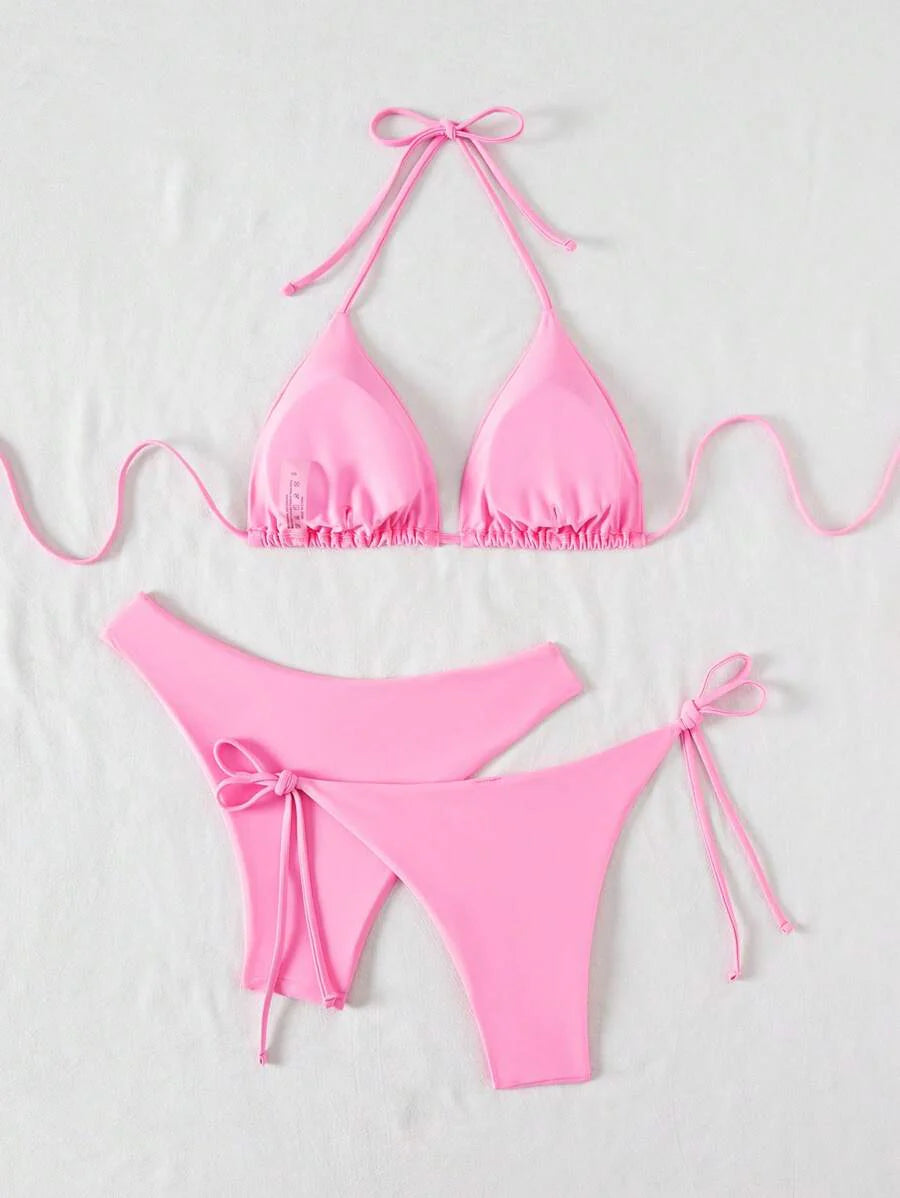 3 Parça Halter Üst + Üçgen Alt + Bağcıklı Şort Bikini Takımı Niebbla