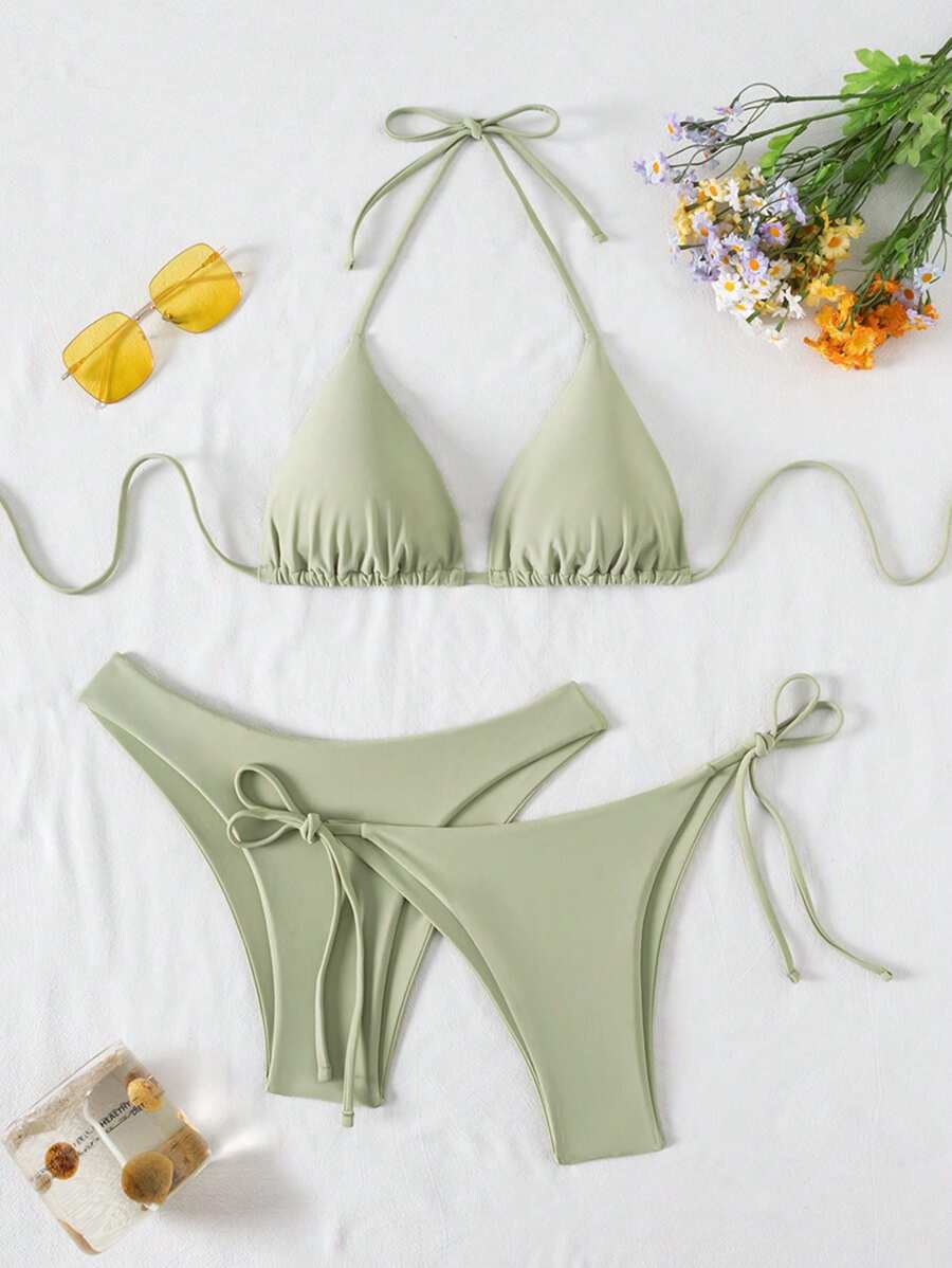 3 Parça Halter Üst + Üçgen Alt + Bağcıklı Şort Bikini Takımı Niebbla