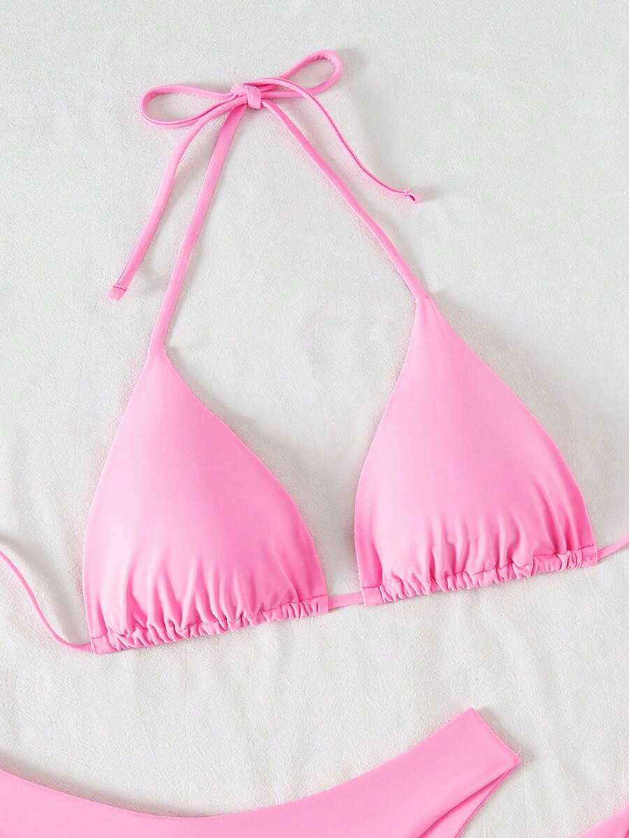 3 Parça Halter Üst + Üçgen Alt + Bağcıklı Şort Bikini Takımı Niebbla