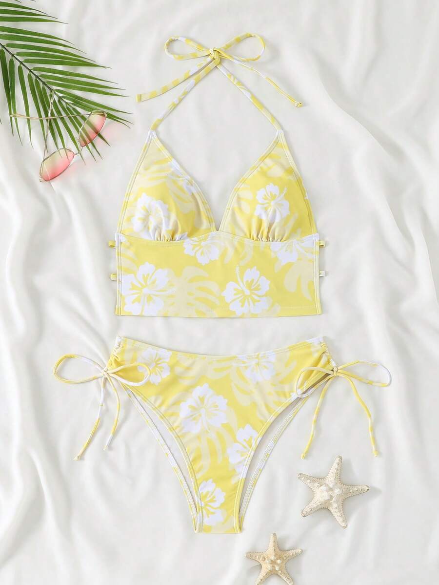 Dantelli Çiçek Desenli Düğümlü Tankini Takımı Niebbla