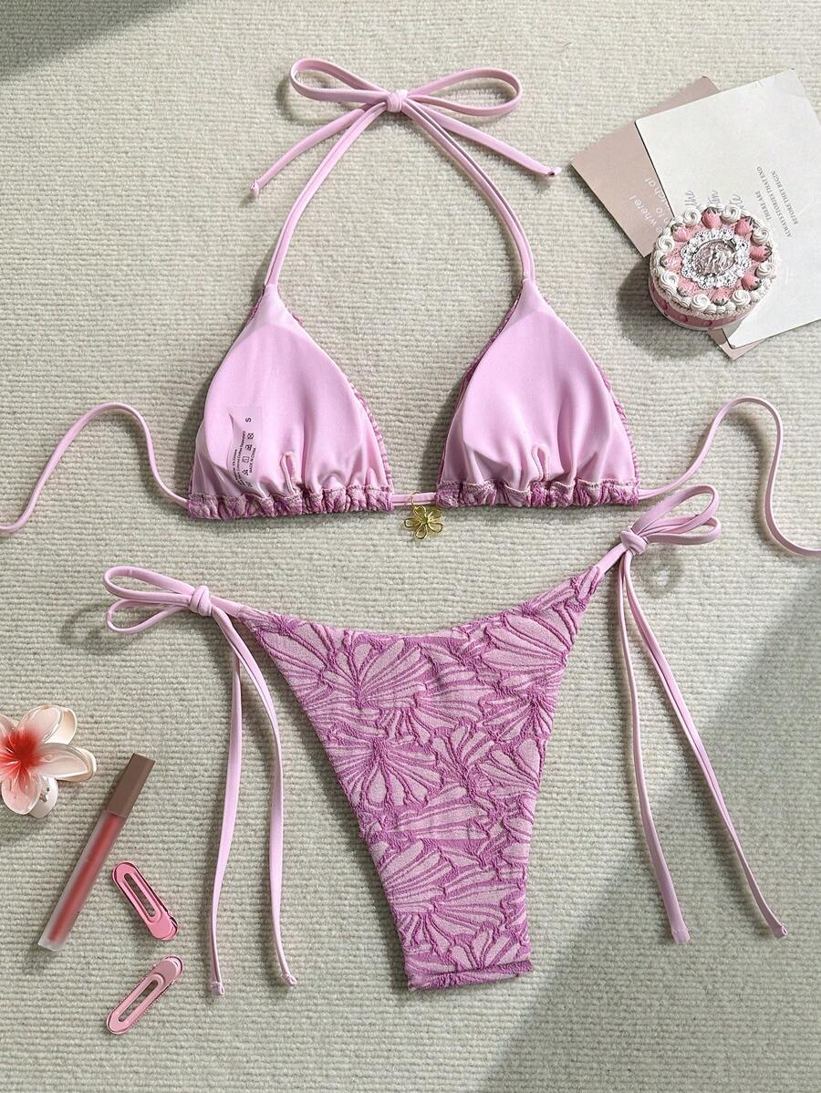 Çiçek Desenli Boyundan Bağlamalı Bikini Ve Bağcıklı Bikini Altı Takımı Niebbla