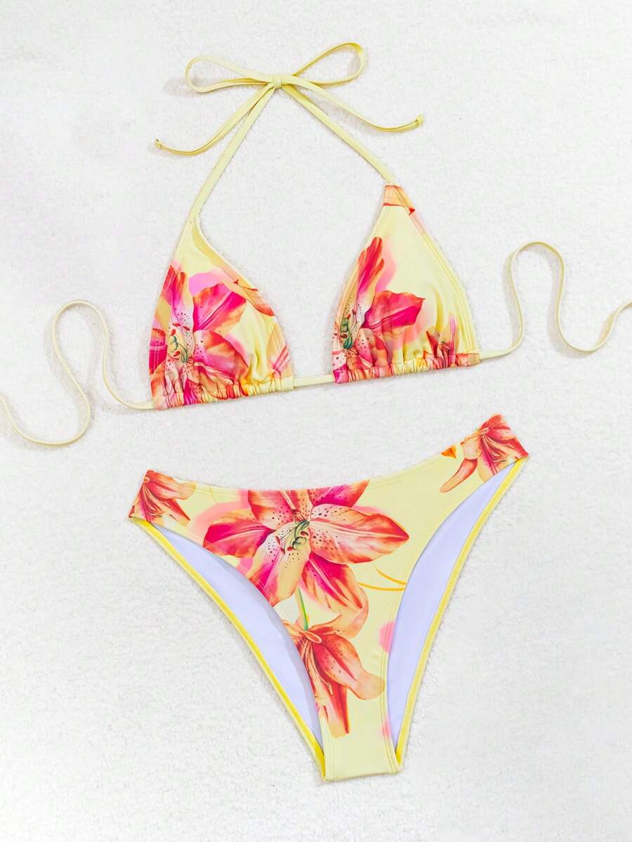 Çiçek Desenli Halter Bağcıklı Bikini Takımı Niebbla